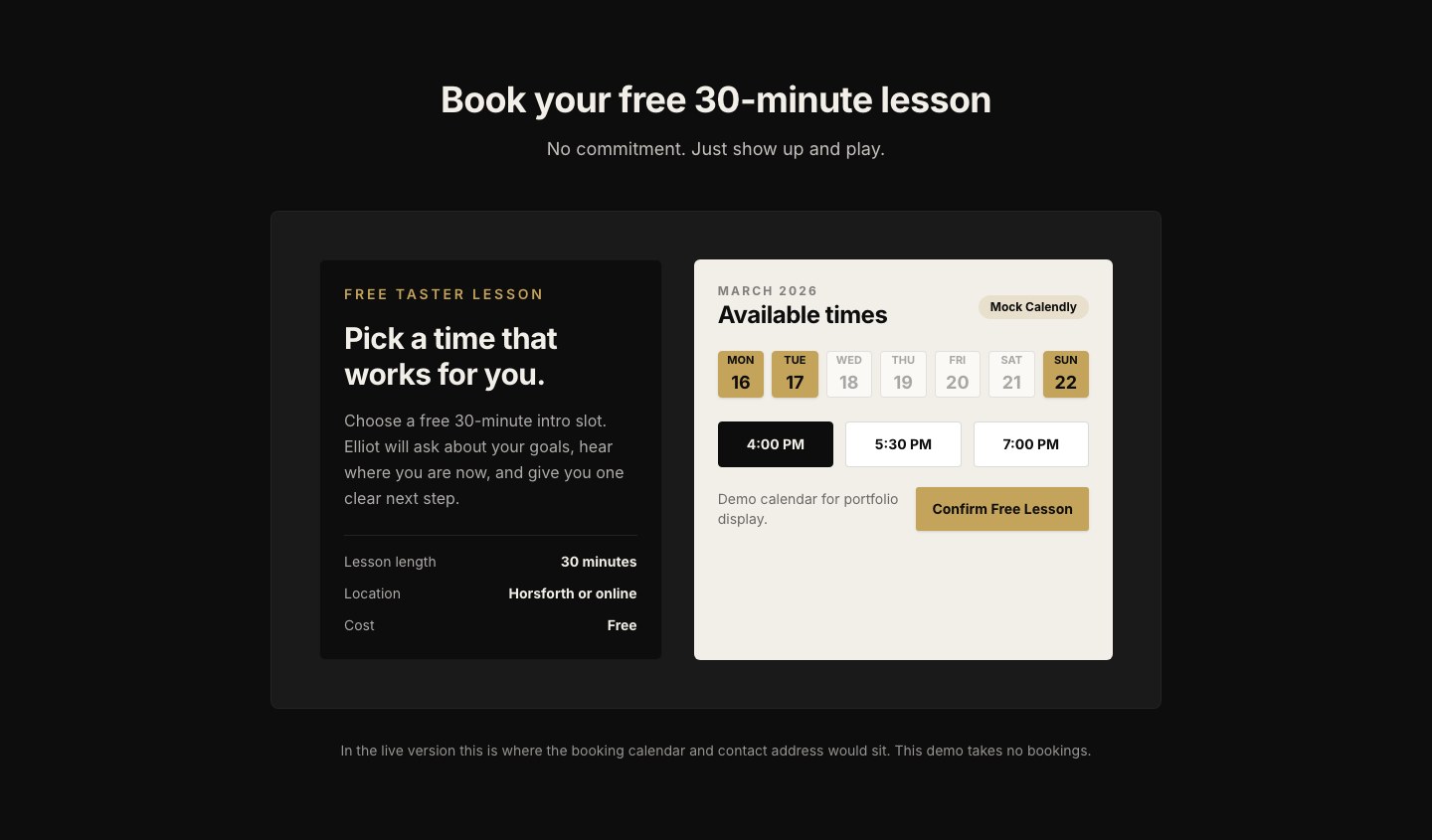 The booking section: a free taster panel beside a calendar picker