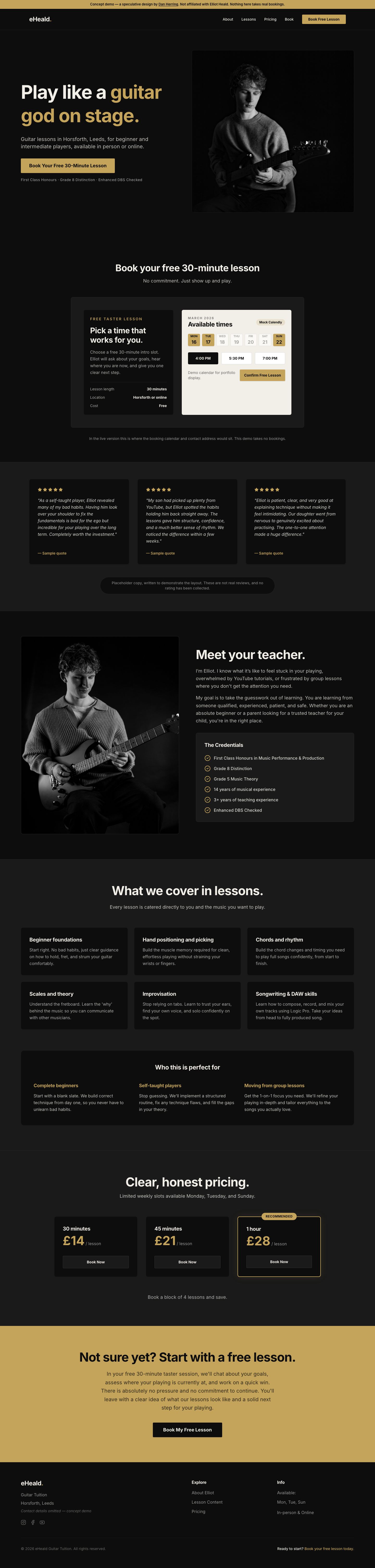 The complete one-page site from hero through booking, testimonials, about, lessons, pricing and closing call to action