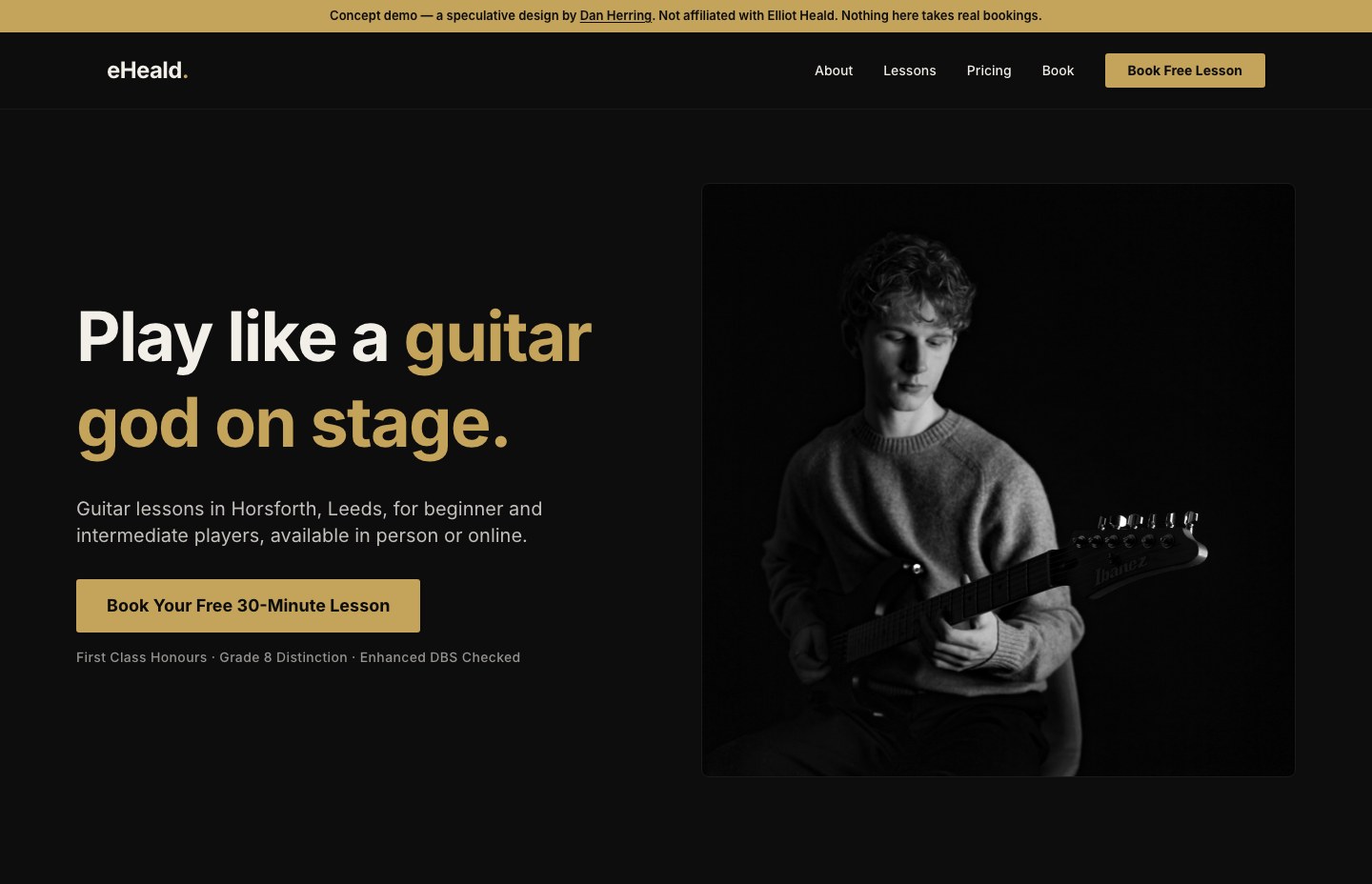 A speculative one-page site concept for a Leeds guitar teacher
