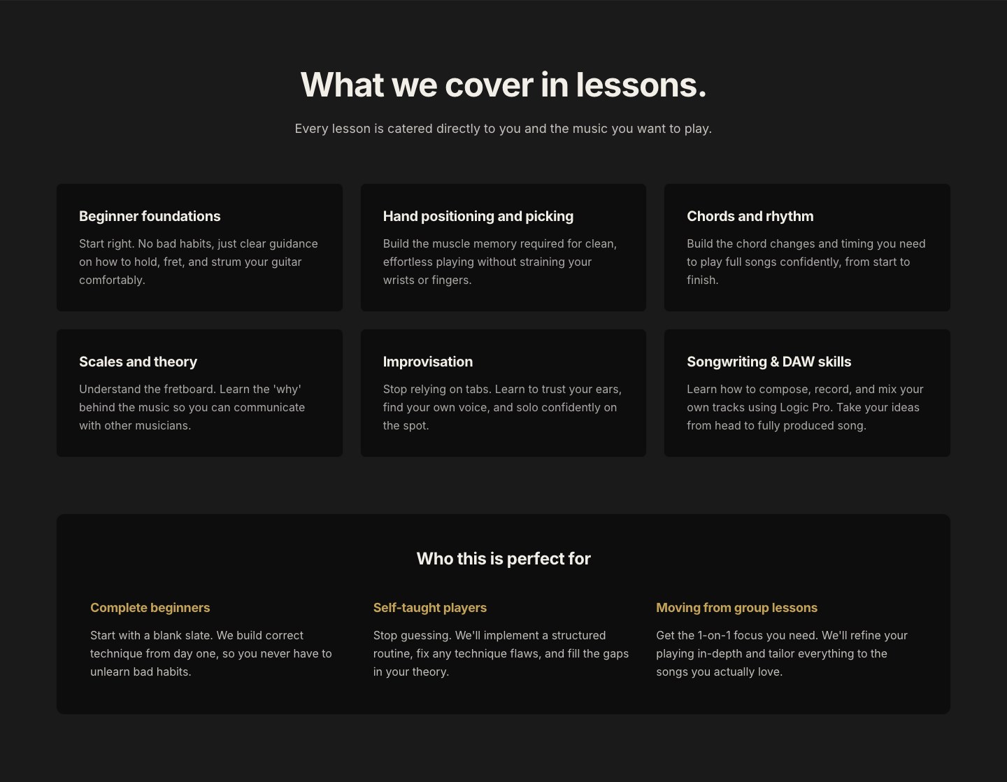 The lessons grid and the who-this-is-for block