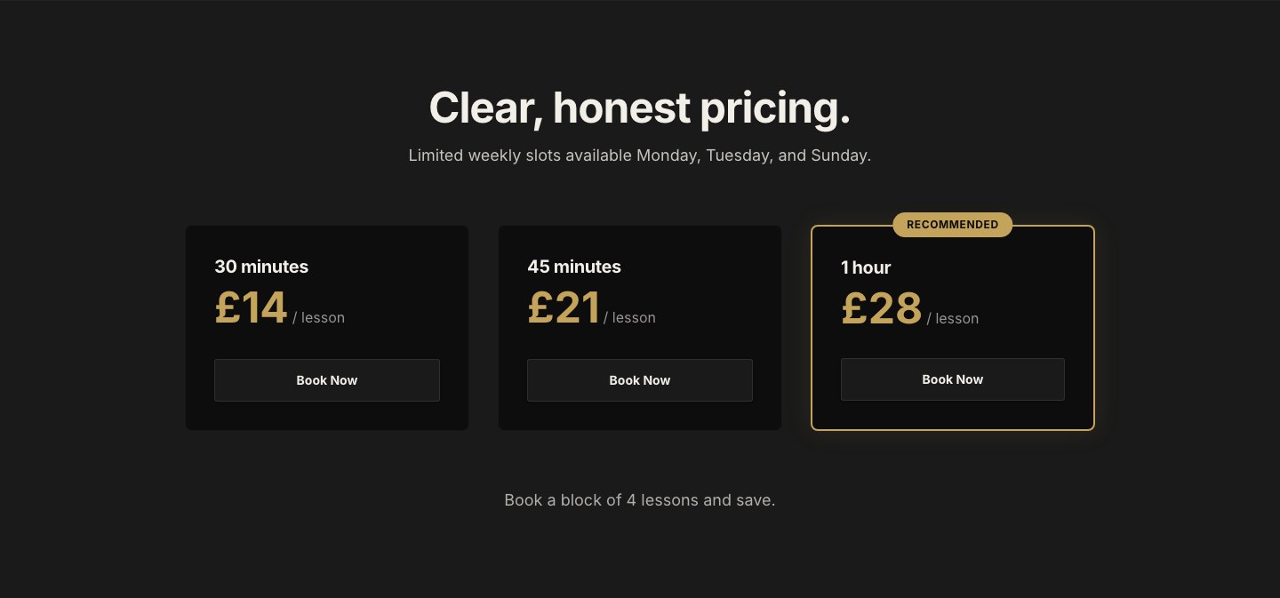 Three pricing tiers with the one-hour lesson recommended