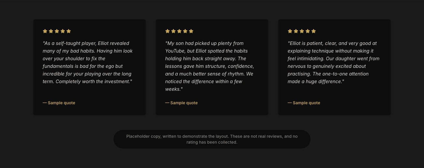 The testimonial row, with each quote labelled as a sample and a notice stating these are not real reviews