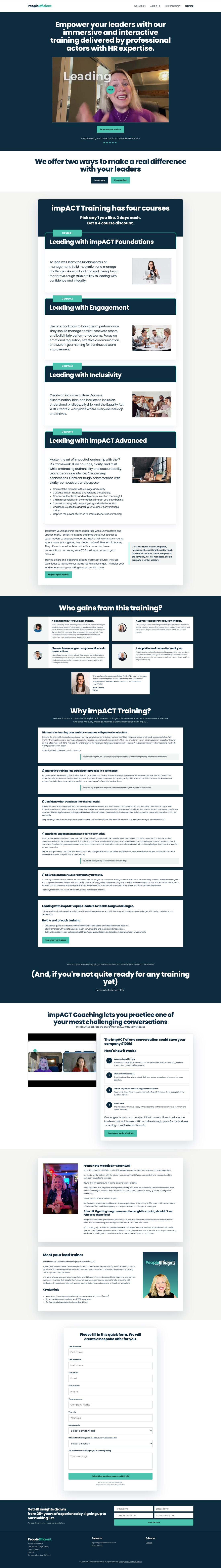 The impACT Training sales page, top to bottom: actor-led leadership training, the four courses, who gains from it, why impACT training, and the bespoke-offer enquiry form