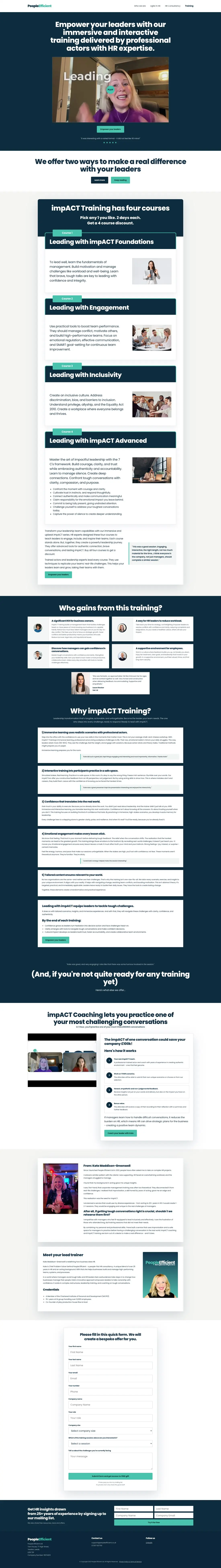 The impACT Training sales page, top to bottom: actor-led leadership training, the four courses, who gains from it, why impACT training, and the bespoke-offer enquiry form