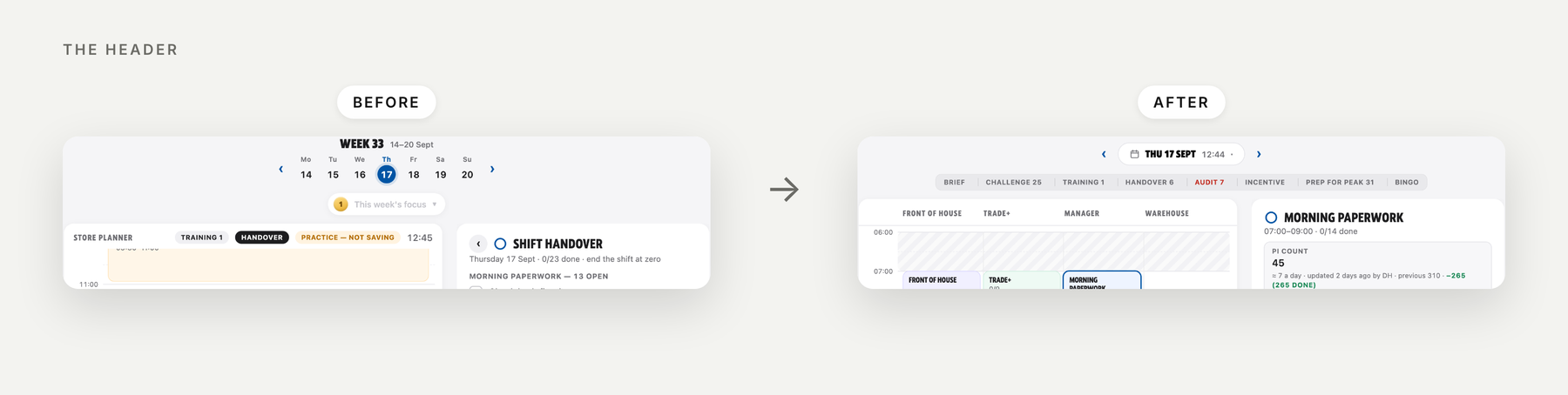 Before and after of the header, showing the weekly focus pill removed and role columns added