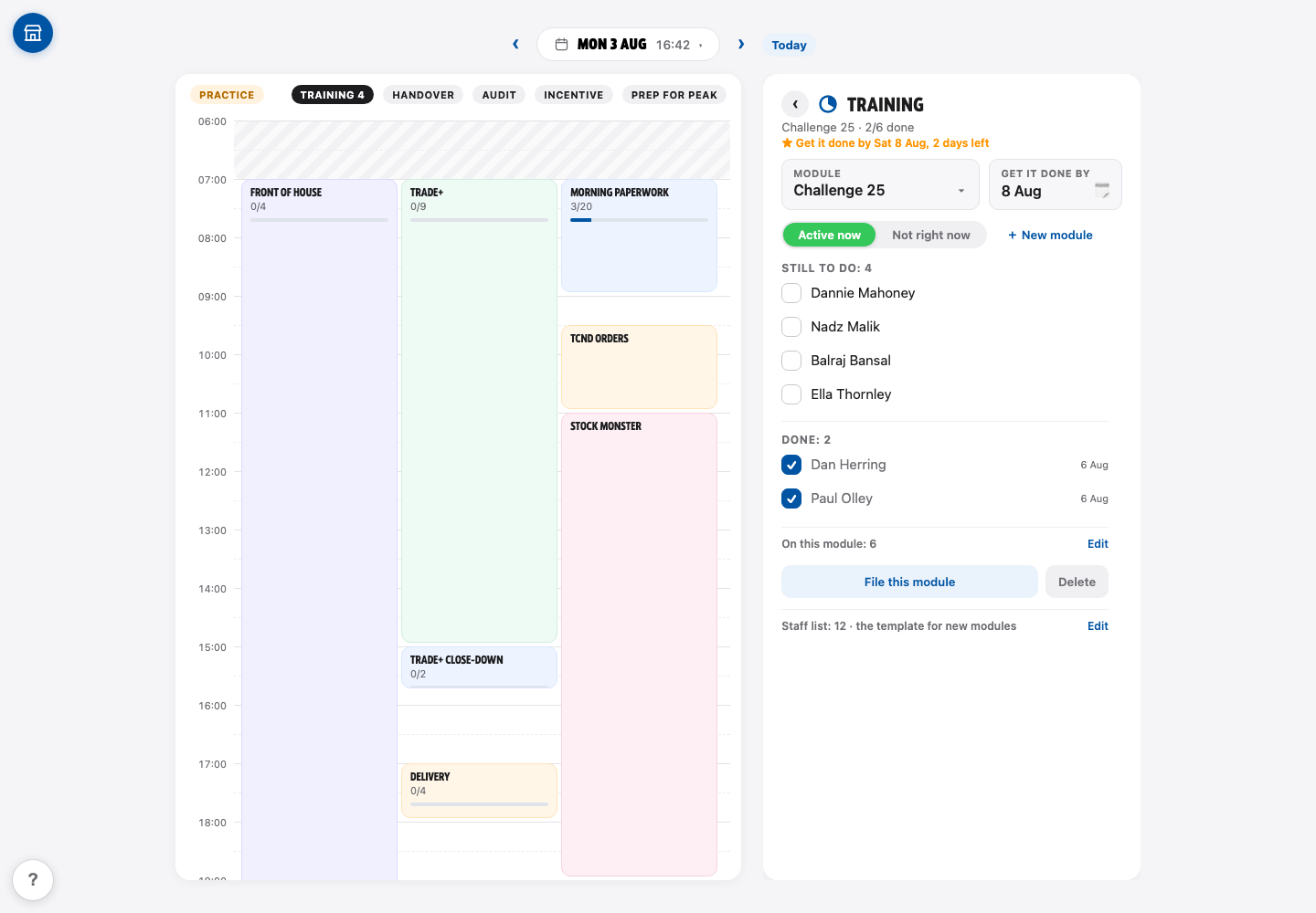 The Training view — persistent modules with per-person completion records, deadlines and active or dormant states
