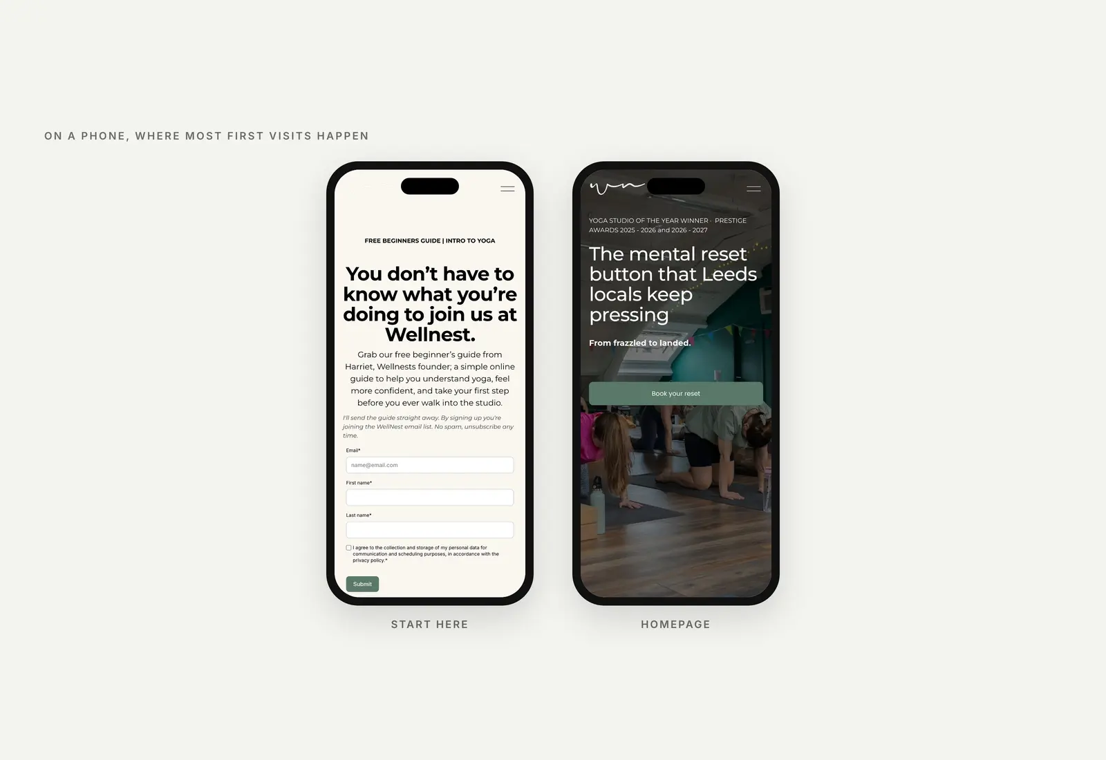 Two phone screens: the Start Here page and the homepage as they appear on a mobile.