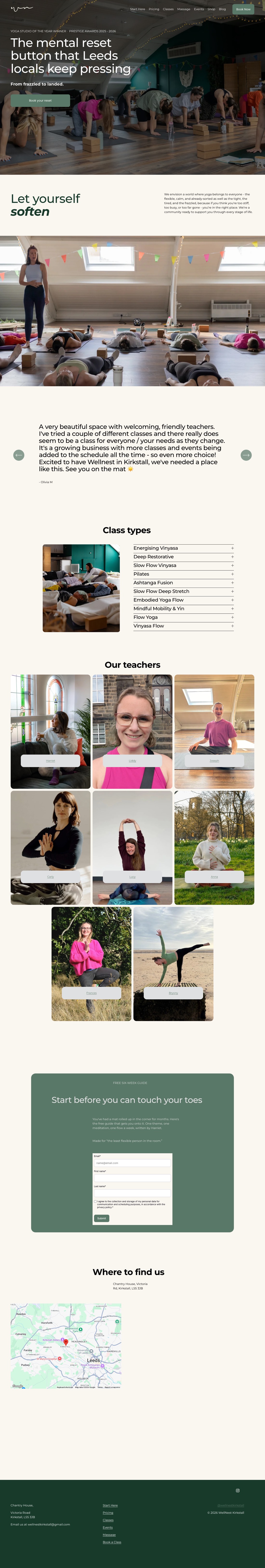 The live homepage top to bottom: hero, class types, teacher grid, lead magnet CTA and map