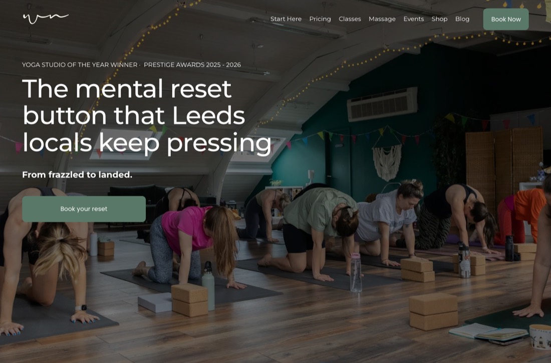 The live homepage hero: 'The mental reset button that Leeds locals keep pressing' over a photo of a full class in session