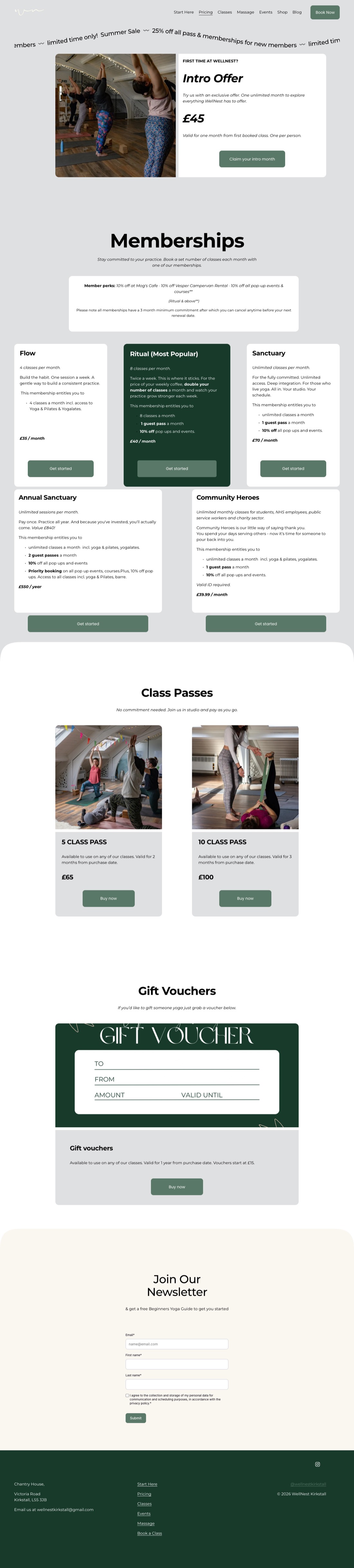 The live Memberships page: intro offer, three named tiers, class passes and gift vouchers