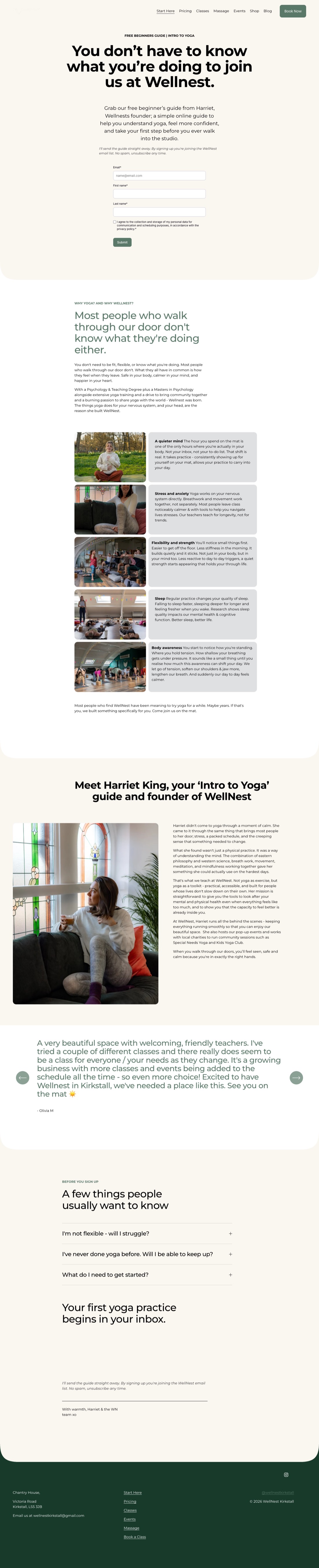 The live Start Here page, top to bottom: hero, Why Yoga, Meet Harriet, testimonial, FAQ and CTA