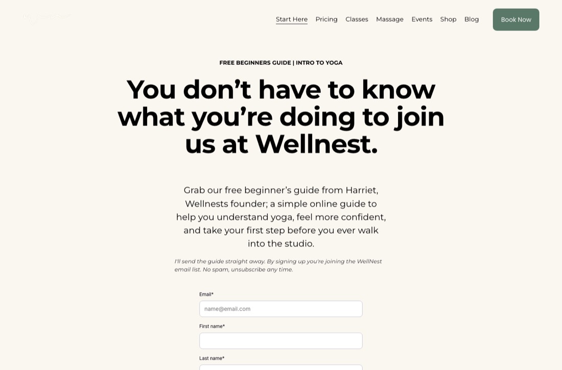 The Start Here hero: 'You don't have to know what you're doing to join us at Wellnest' with the beginner's guide form