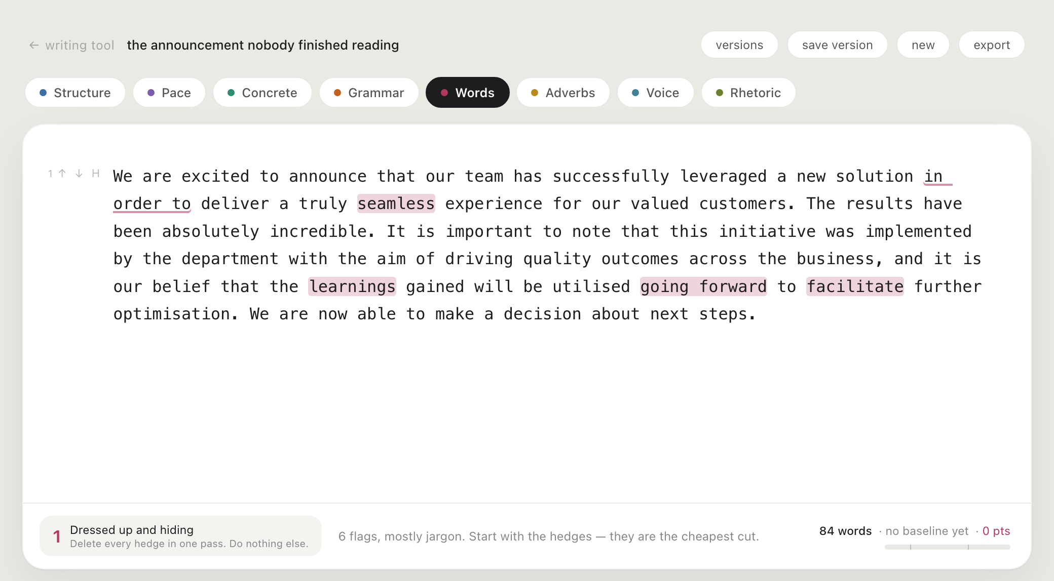 The Writing Tool — eight lenses, no rewriting