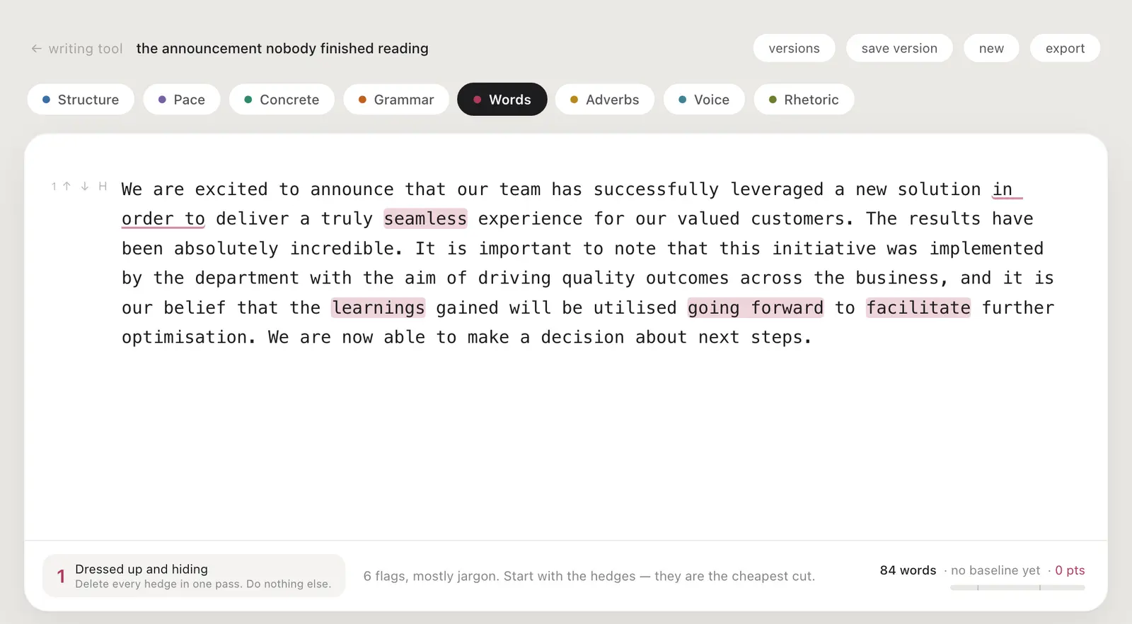 The Writing Tool's Words lens: a paragraph of corporate announcement copy with 'in order to', 'seamless', 'learnings', 'going forward' and 'facilitate' flagged in crimson, scored 1 out of 5 — 'Dressed up and hiding'